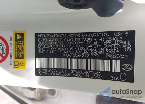 2015 Lexus Es 350 z USA, uszkodzony, nr VIN JTHBK1GGXF2191790